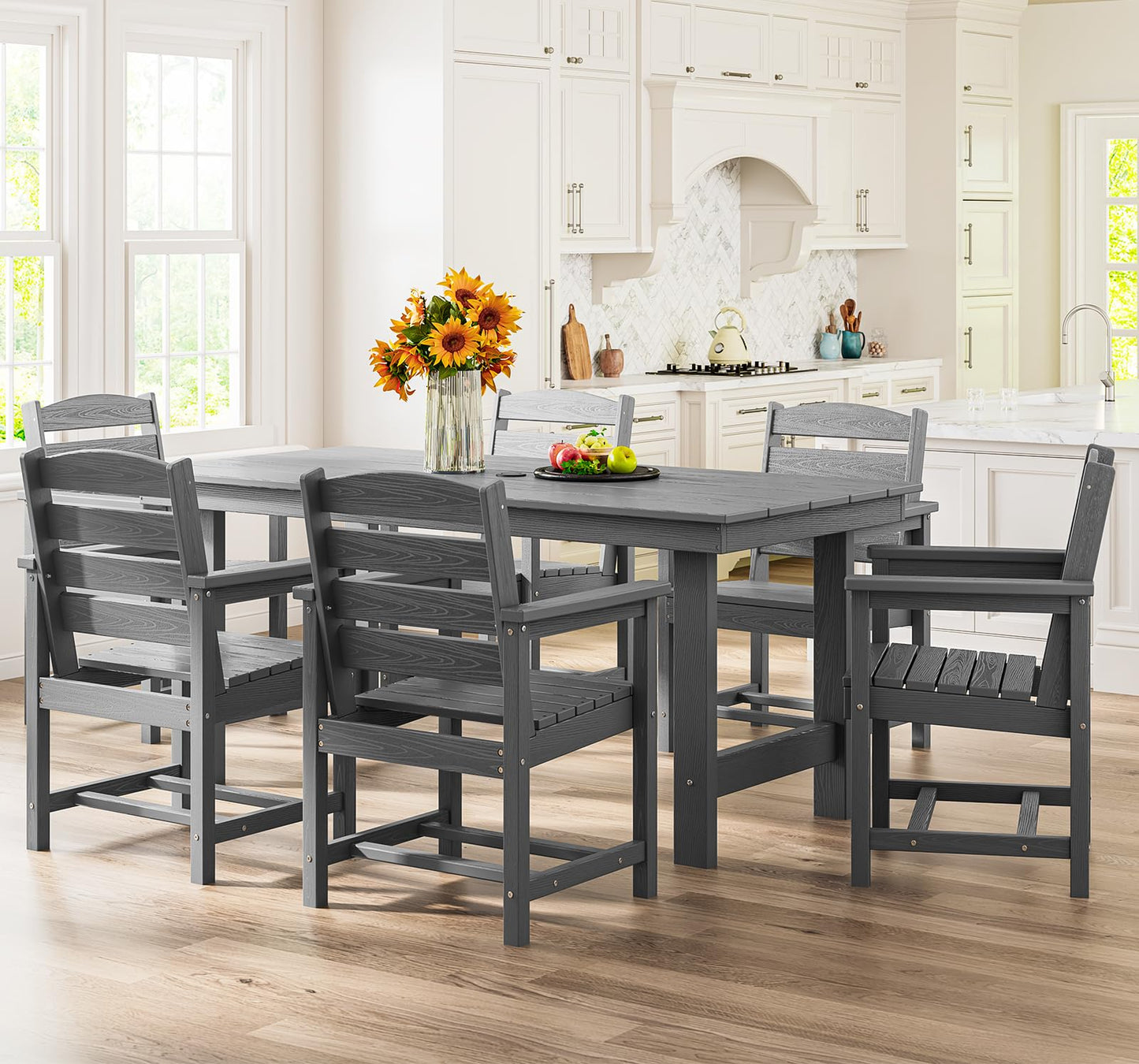 SERWALL Outdoor HDPE Dining Table Set, 7-Piece Outdoor Dining Table Sets with Umbrella Hole Cut-Out Table and 6 Chairs, Gray - CookCave