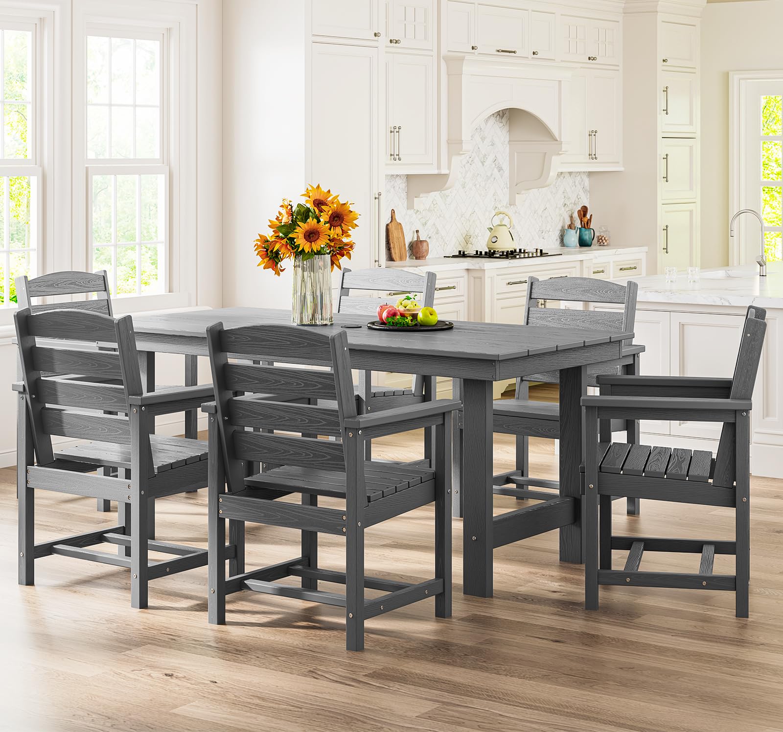 SERWALL Outdoor HDPE Dining Table Set, 7-Piece Outdoor Dining Table Sets with Umbrella Hole Cut-Out Table and 6 Chairs, Gray - CookCave