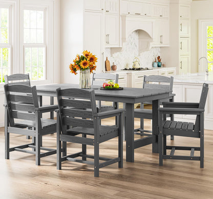SERWALL Outdoor HDPE Dining Table Set, 7-Piece Outdoor Dining Table Sets with Umbrella Hole Cut-Out Table and 6 Chairs, Gray - CookCave