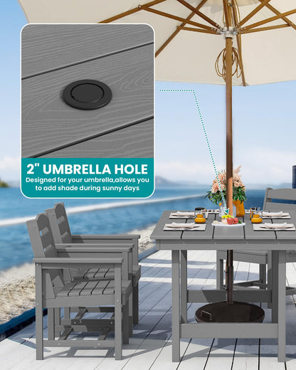 SERWALL Outdoor HDPE Dining Table Set, 7-Piece Outdoor Dining Table Sets with Umbrella Hole Cut-Out Table and 6 Chairs, Gray - CookCave