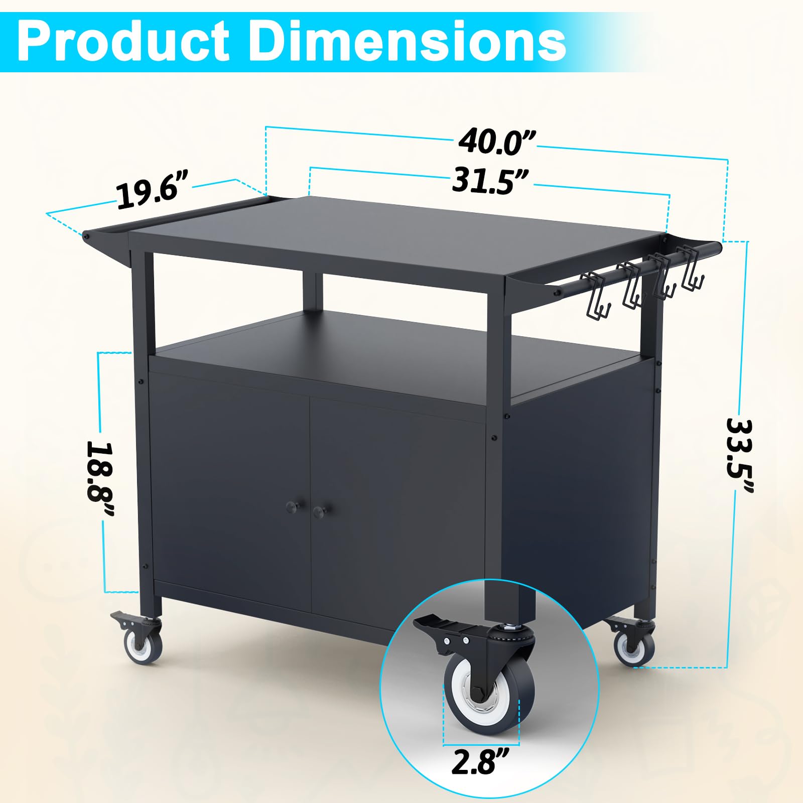 SEUNSHANY Outdoor Grill Table with Storage, Movable Grill Cart, Outdoor Kitchen Island Prep Stand Station,Blackstone Griddle Stand, BBQ Serving Cart Rolling Bar Cart with 4 Utensil Hooks - CookCave
