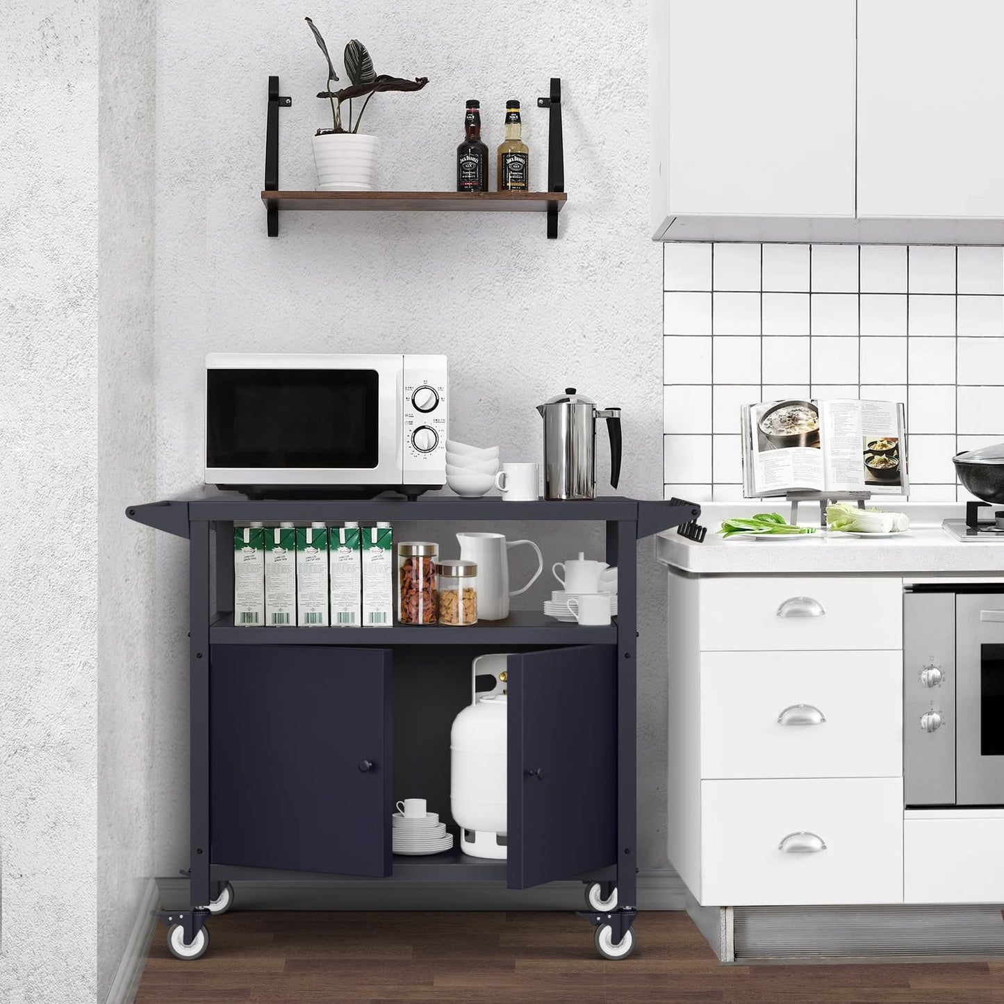 SEUNSHANY Outdoor Grill Table with Storage, Movable Grill Cart, Outdoor Kitchen Island Prep Stand Station,Blackstone Griddle Stand, BBQ Serving Cart Rolling Bar Cart with 4 Utensil Hooks - CookCave