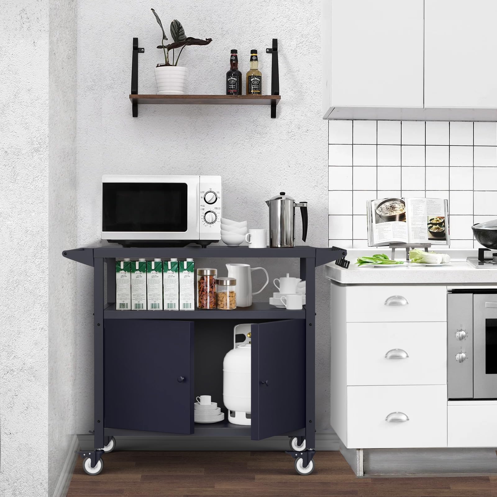 SEUNSHANY Outdoor Grill Table with Storage, Movable Grill Cart, Outdoor Kitchen Island Prep Stand Station,Blackstone Griddle Stand, BBQ Serving Cart Rolling Bar Cart with 4 Utensil Hooks - CookCave