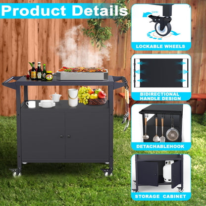 SEUNSHANY Outdoor Grill Table with Storage, Movable Grill Cart, Outdoor Kitchen Island Prep Stand Station,Blackstone Griddle Stand, BBQ Serving Cart Rolling Bar Cart with 4 Utensil Hooks - CookCave