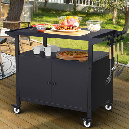 SEUNSHANY Outdoor Grill Table with Storage, Movable Grill Cart, Outdoor Kitchen Island Prep Stand Station,Blackstone Griddle Stand, BBQ Serving Cart Rolling Bar Cart with 4 Utensil Hooks - CookCave