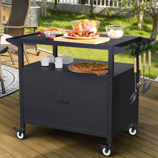 SEUNSHANY Outdoor Grill Table with Storage, Movable Grill Cart, Outdoor Kitchen Island Prep Stand Station,Blackstone Griddle Stand, BBQ Serving Cart Rolling Bar Cart with 4 Utensil Hooks - CookCave
