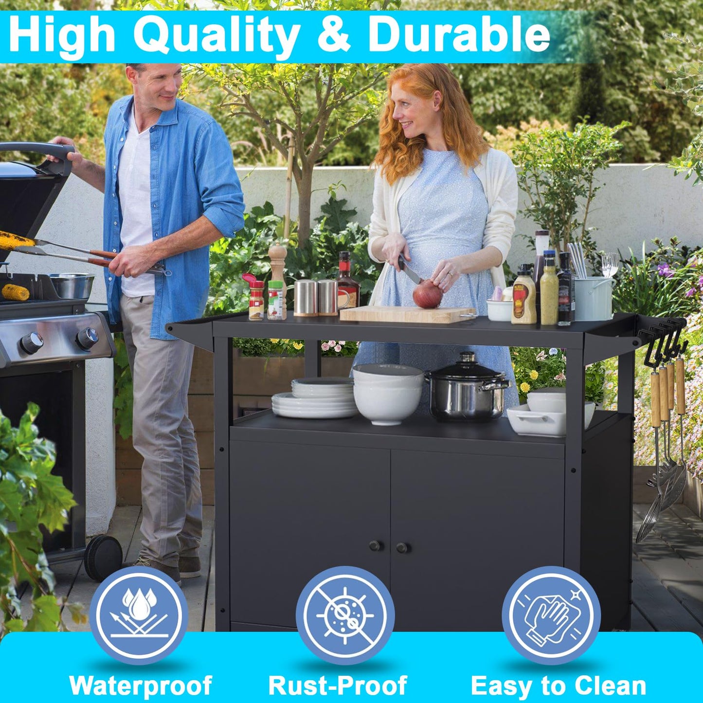 SEUNSHANY Outdoor Grill Table with Storage, Movable Grill Cart, Outdoor Kitchen Island Prep Stand Station,Blackstone Griddle Stand, BBQ Serving Cart Rolling Bar Cart with 4 Utensil Hooks - CookCave