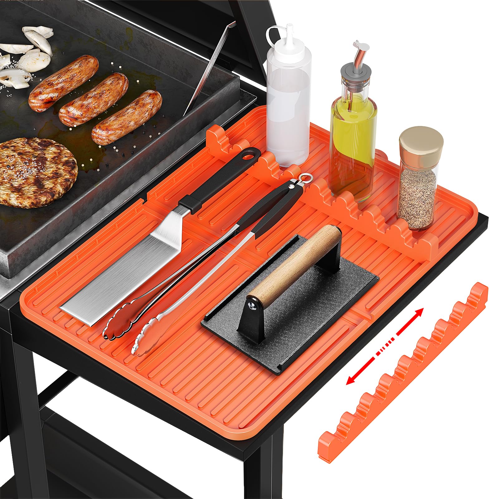 Sevenblue Silicone Grill Mat Compatible with Blackstone, Silicone Griddle Tool Mat with Adjustable Slots, Side Shelf Mat with Drip Pad for Blackstone Grill Accessories (Orange) - CookCave