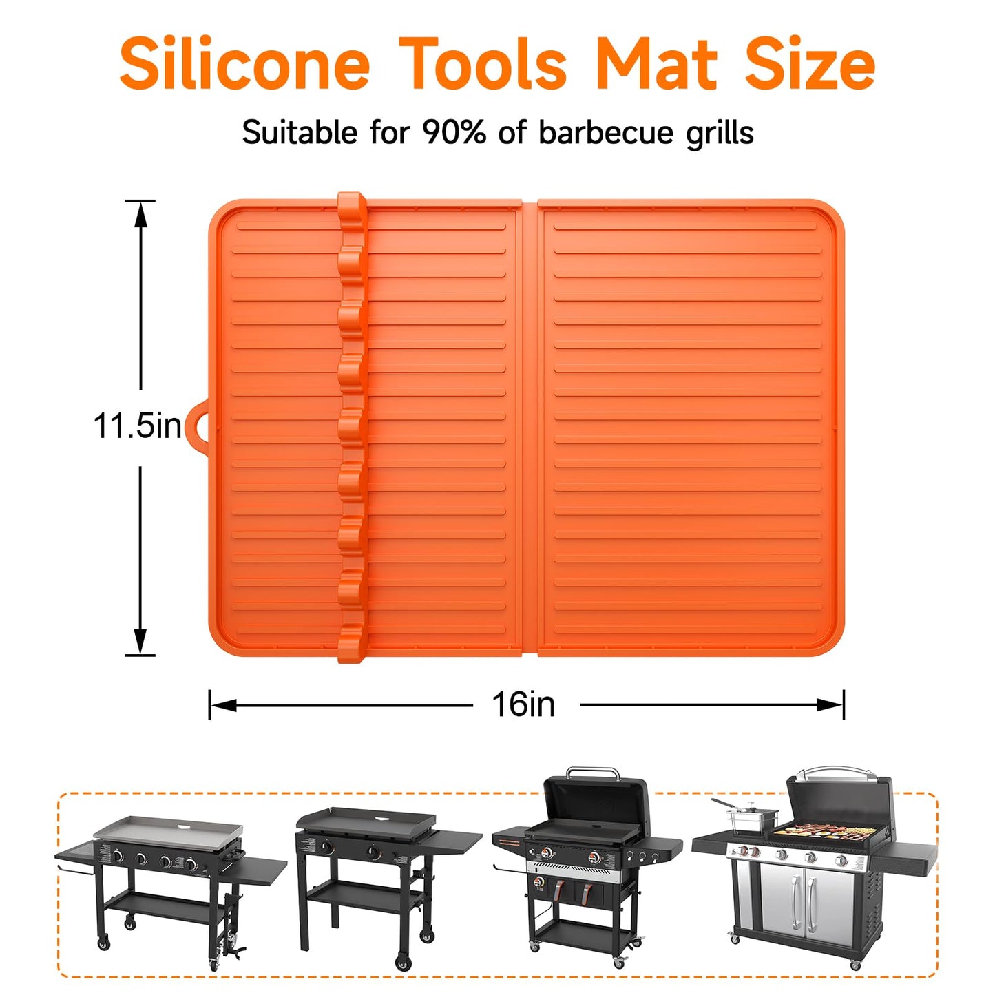 Sevenblue Silicone Grill Mat Compatible with Blackstone, Silicone Griddle Tool Mat with Adjustable Slots, Side Shelf Mat with Drip Pad for Blackstone Grill Accessories (Orange) - CookCave