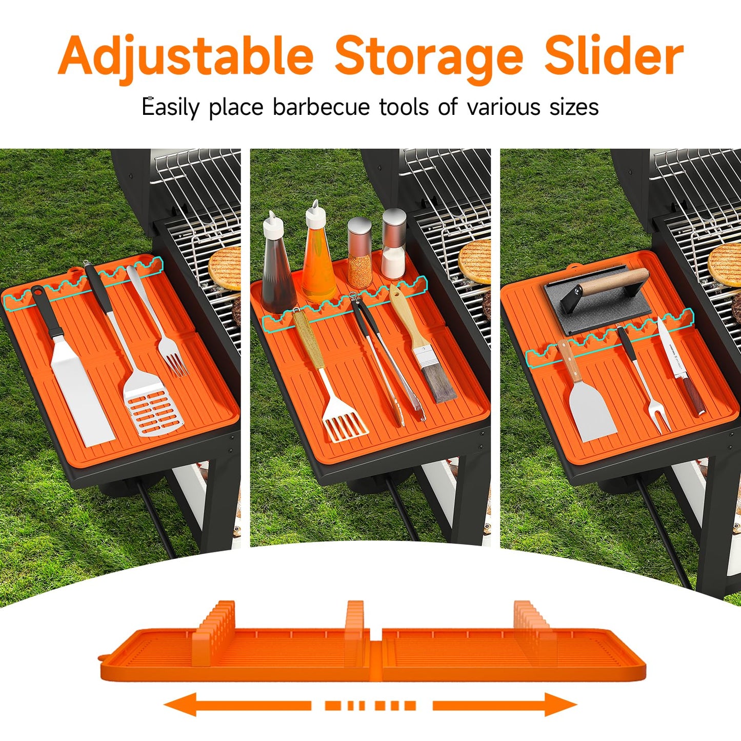 Sevenblue Silicone Grill Mat Compatible with Blackstone, Silicone Griddle Tool Mat with Adjustable Slots, Side Shelf Mat with Drip Pad for Blackstone Grill Accessories (Orange) - CookCave
