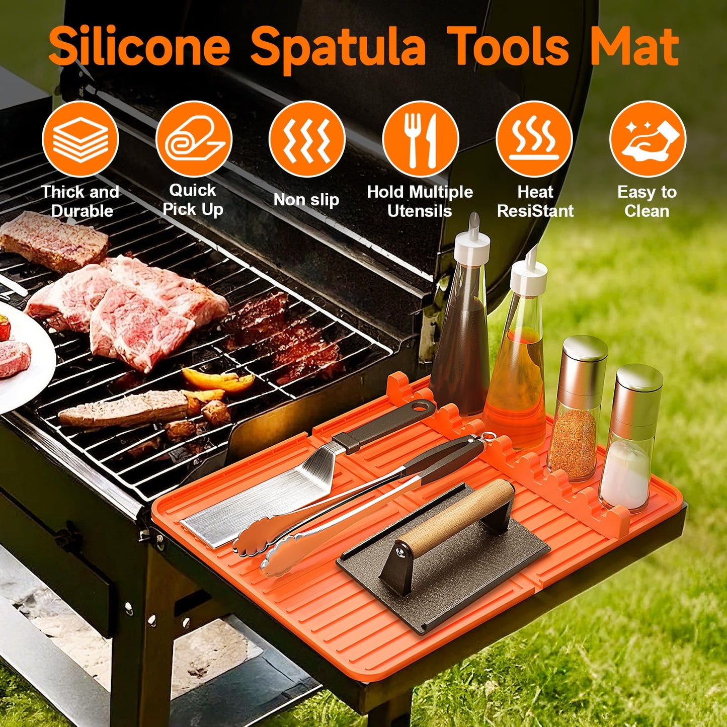 Sevenblue Silicone Grill Mat Compatible with Blackstone, Silicone Griddle Tool Mat with Adjustable Slots, Side Shelf Mat with Drip Pad for Blackstone Grill Accessories (Orange) - CookCave