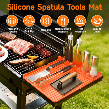 Sevenblue Silicone Grill Mat Compatible with Blackstone, Silicone Griddle Tool Mat with Adjustable Slots, Side Shelf Mat with Drip Pad for Blackstone Grill Accessories (Orange) - CookCave