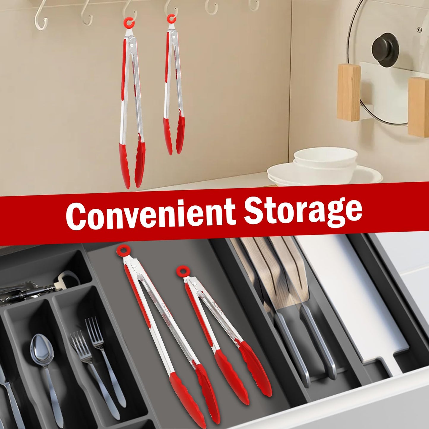 ShanLiHong Kitchen Tongs for Cooking, Stainless Steel Heat Resistant Set of 2 BBQ Tong, Non Scratch Silicone Tip .Strong Grip, Grab Food, Toss Salad, Air Fryer, Pull Lock, 9 + 12 Inch, (Red) - CookCave