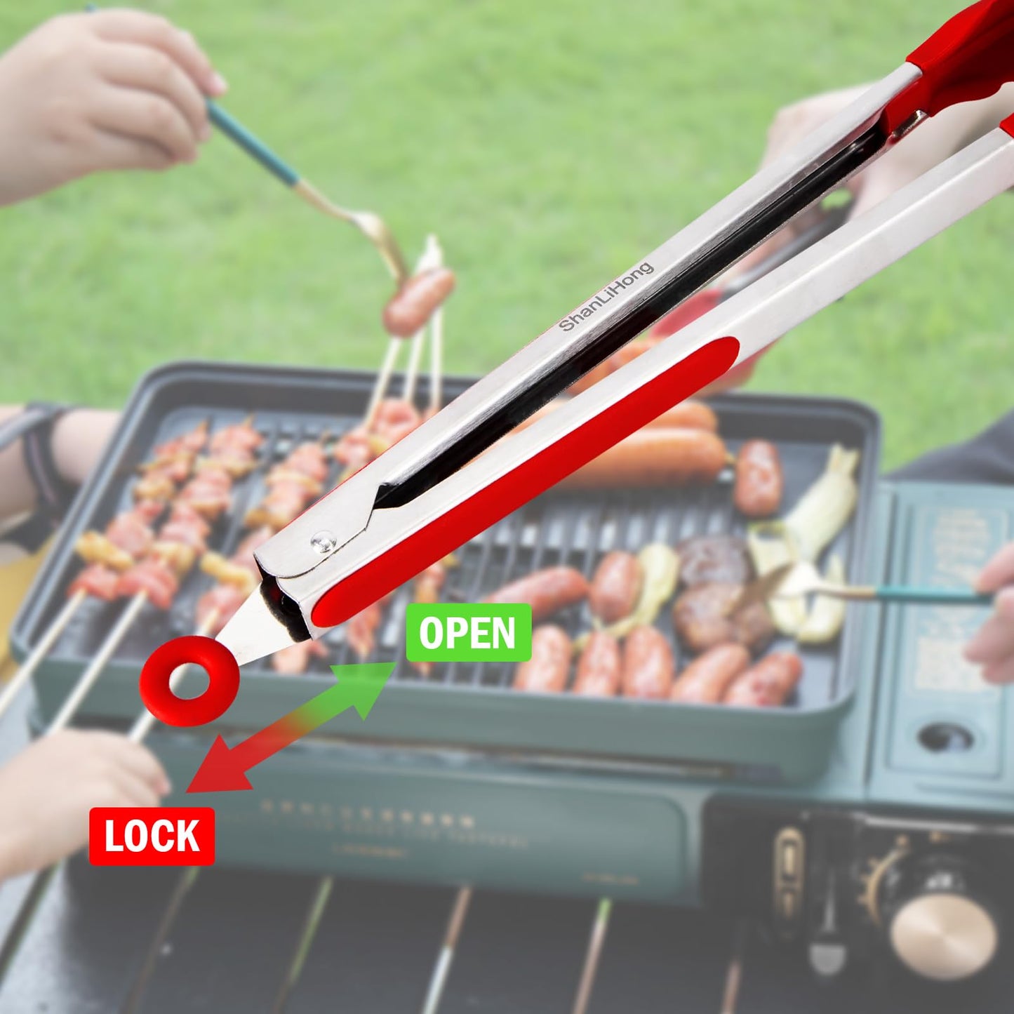 ShanLiHong Kitchen Tongs for Cooking, Stainless Steel Heat Resistant Set of 2 BBQ Tong, Non Scratch Silicone Tip .Strong Grip, Grab Food, Toss Salad, Air Fryer, Pull Lock, 9 + 12 Inch, (Red) - CookCave