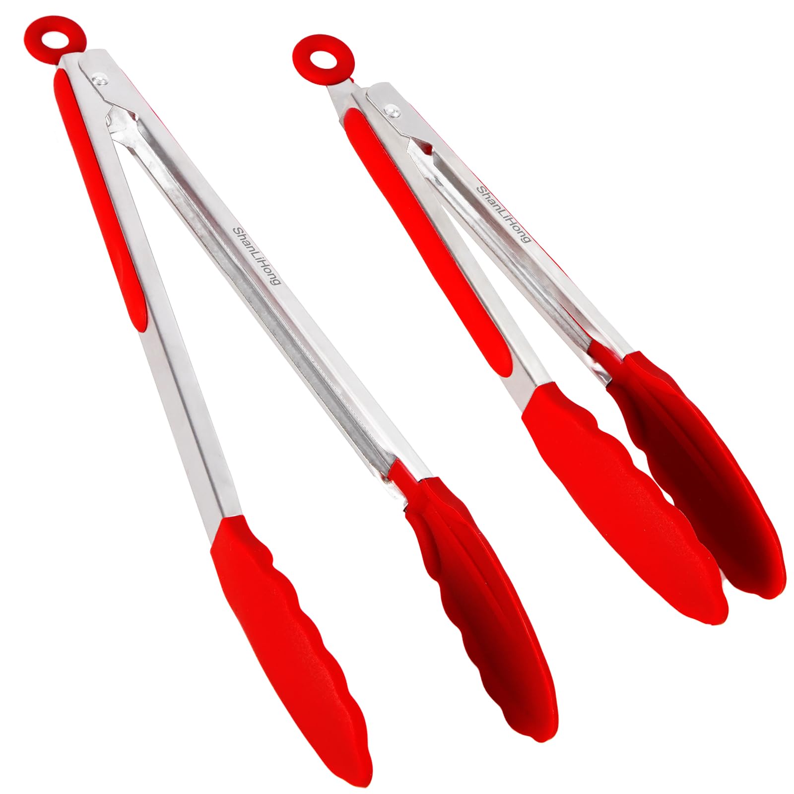 ShanLiHong Kitchen Tongs for Cooking, Stainless Steel Heat Resistant Set of 2 BBQ Tong, Non Scratch Silicone Tip .Strong Grip, Grab Food, Toss Salad, Air Fryer, Pull Lock, 9 + 12 Inch, (Red) - CookCave