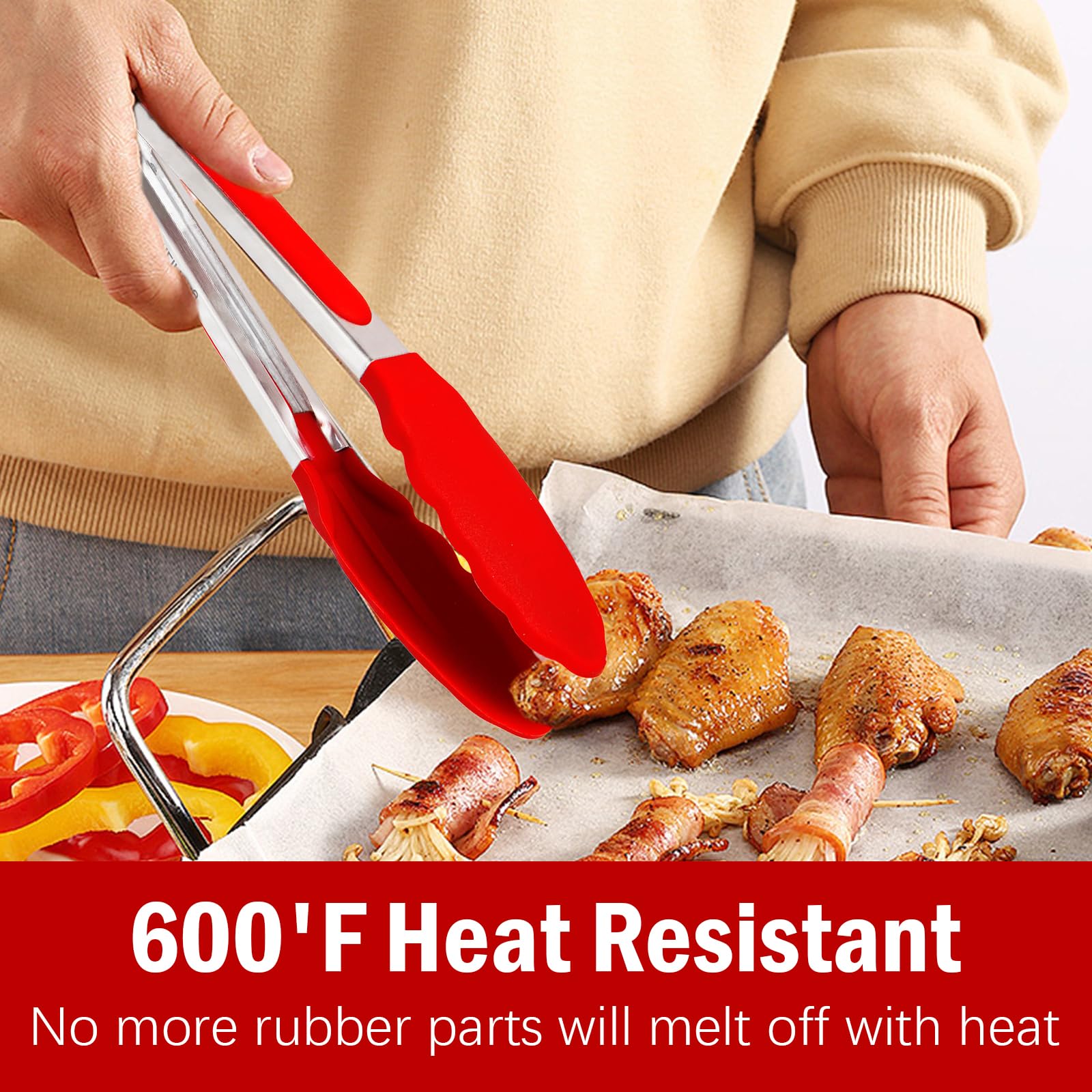 ShanLiHong Kitchen Tongs for Cooking, Stainless Steel Heat Resistant Set of 2 BBQ Tong, Non Scratch Silicone Tip .Strong Grip, Grab Food, Toss Salad, Air Fryer, Pull Lock, 9 + 12 Inch, (Red) - CookCave