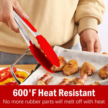 ShanLiHong Kitchen Tongs for Cooking, Stainless Steel Heat Resistant Set of 2 BBQ Tong, Non Scratch Silicone Tip .Strong Grip, Grab Food, Toss Salad, Air Fryer, Pull Lock, 9 + 12 Inch, (Red) - CookCave