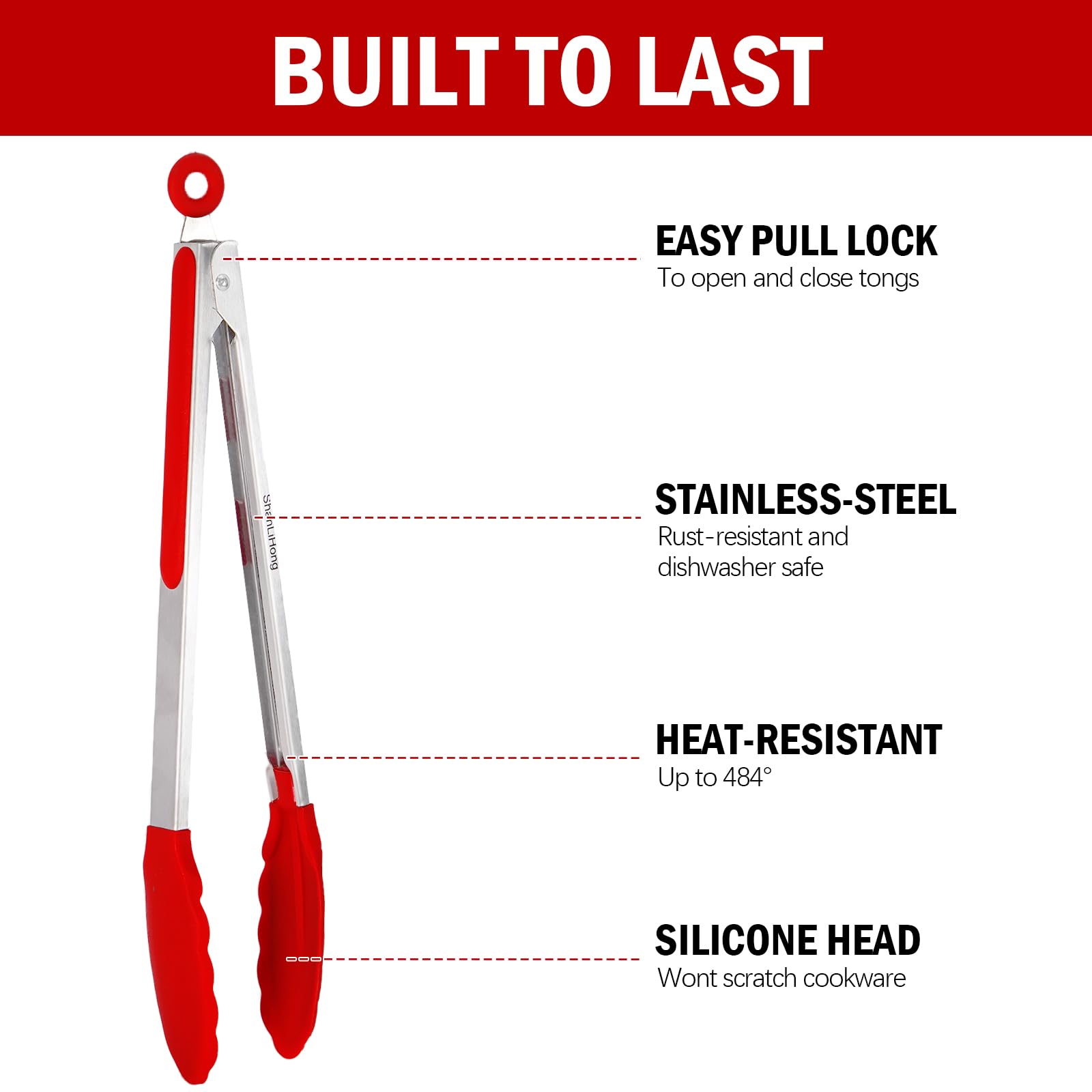 ShanLiHong Kitchen Tongs for Cooking, Stainless Steel Heat Resistant Set of 2 BBQ Tong, Non Scratch Silicone Tip .Strong Grip, Grab Food, Toss Salad, Air Fryer, Pull Lock, 9 + 12 Inch, (Red) - CookCave