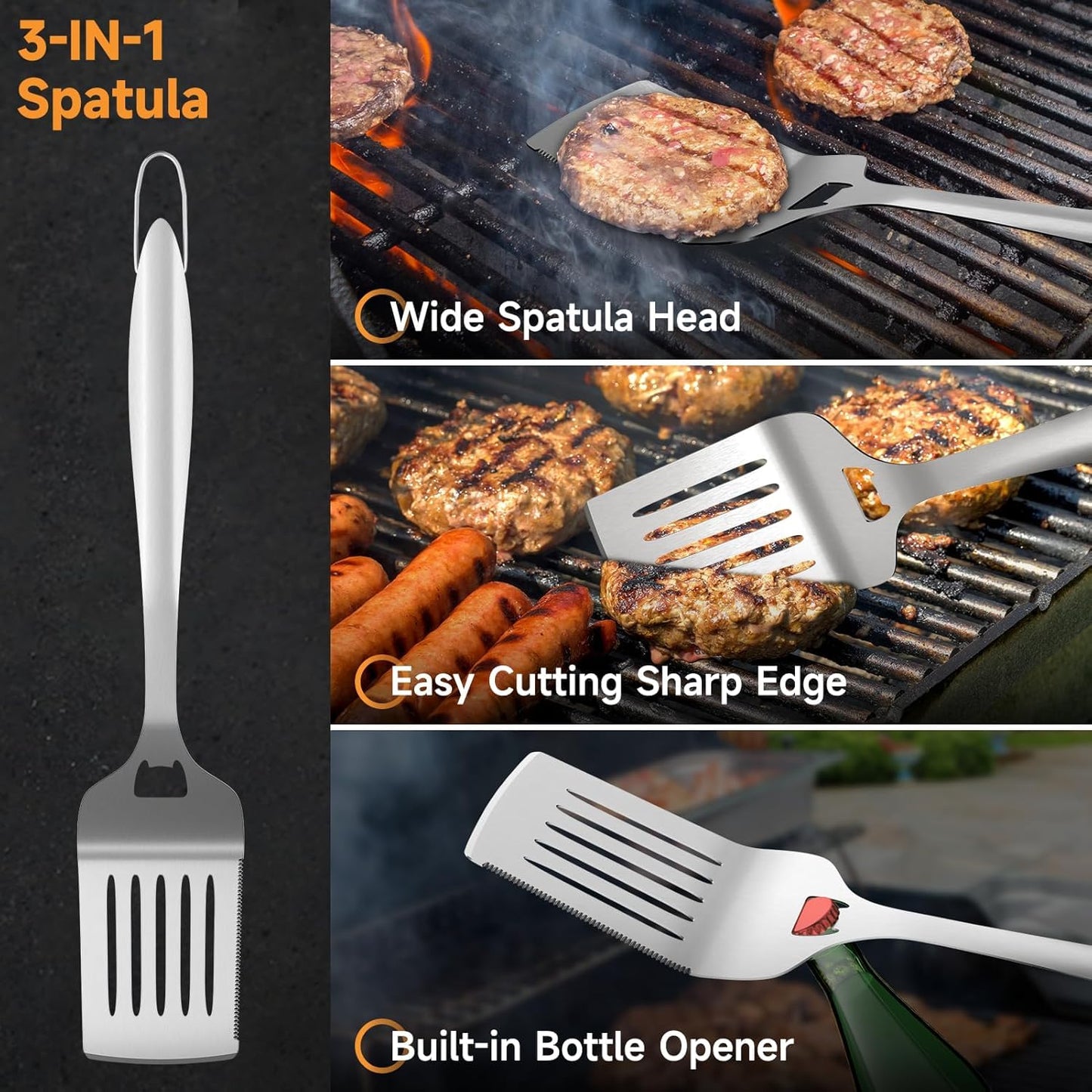 SHINESTAR Heavy Duty Grill Tools Set, Stainless Steel Grilling Accessories with Spatula, Tongs, Fork and Basting Brush, 4PCS, Ideal Grilling Gifts for Man - CookCave