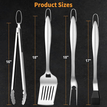 SHINESTAR Heavy Duty Grill Tools Set, Stainless Steel Grilling Accessories with Spatula, Tongs, Fork and Basting Brush, 4PCS, Ideal Grilling Gifts for Man - CookCave