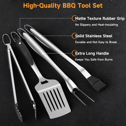 SHINESTAR Heavy Duty Grill Tools Set, Stainless Steel Grilling Accessories with Spatula, Tongs, Fork and Basting Brush, 4PCS, Ideal Grilling Gifts for Man - CookCave