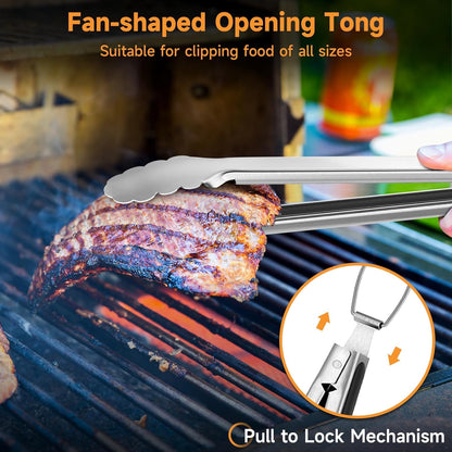 SHINESTAR Heavy Duty Grill Tools Set, Stainless Steel Grilling Accessories with Spatula, Tongs, Fork and Basting Brush, 4PCS, Ideal Grilling Gifts for Man - CookCave