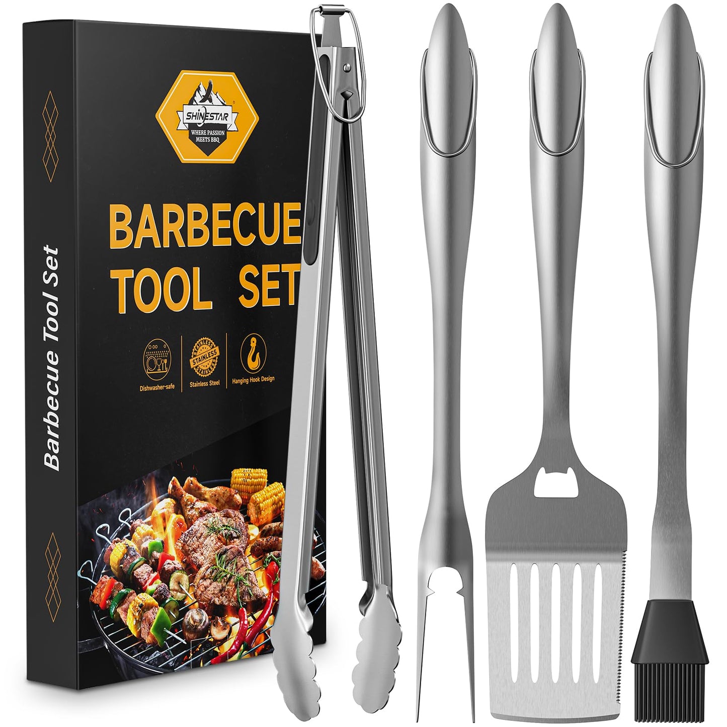 SHINESTAR Heavy Duty Grill Tools Set, Stainless Steel Grilling Accessories with Spatula, Tongs, Fork and Basting Brush, 4PCS, Ideal Grilling Gifts for Man - CookCave