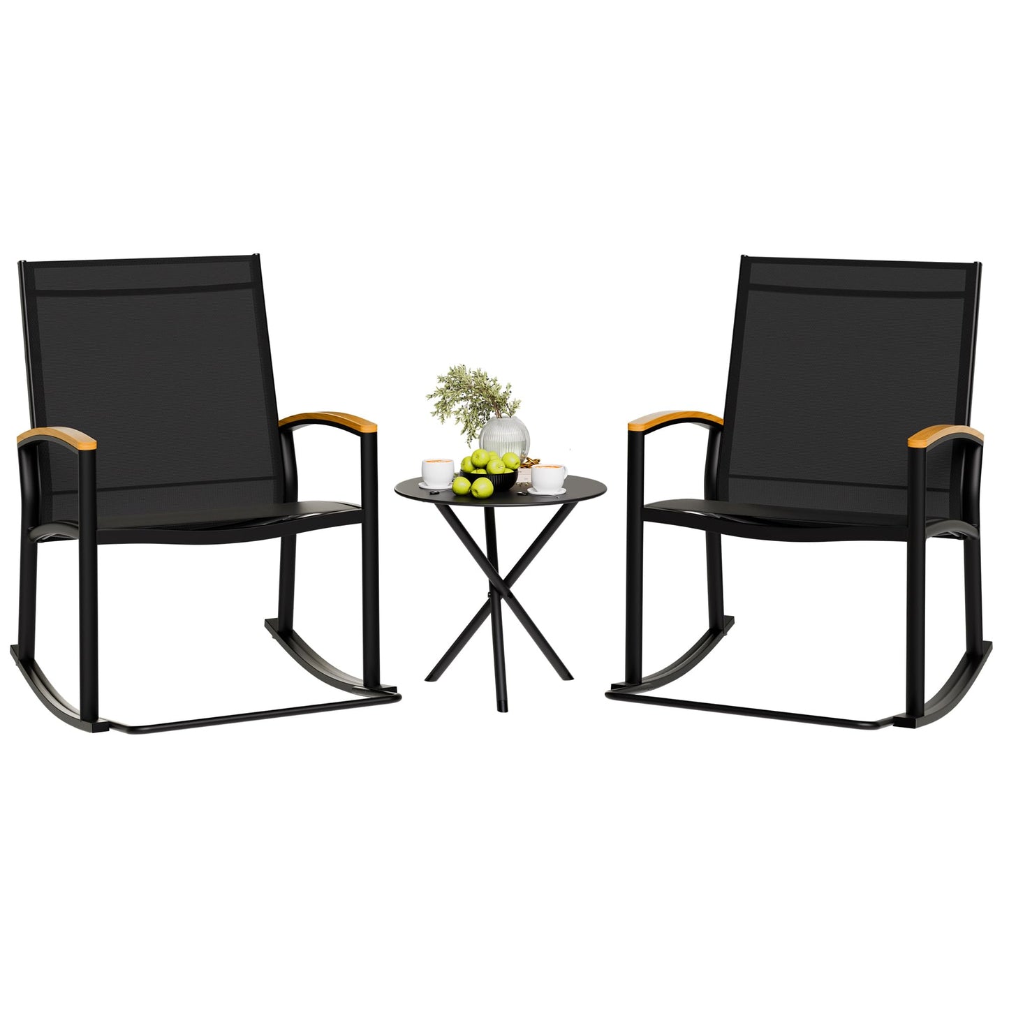 Shintenchi 3 Piece Outdoor Rocking Bistro Set, Textilene Fabric Small Patio Furniture Set, Front Porch Rocker Chairs Conversation Set with Table for Lawn, Garden, Balcony, Poolside (Black) - CookCave