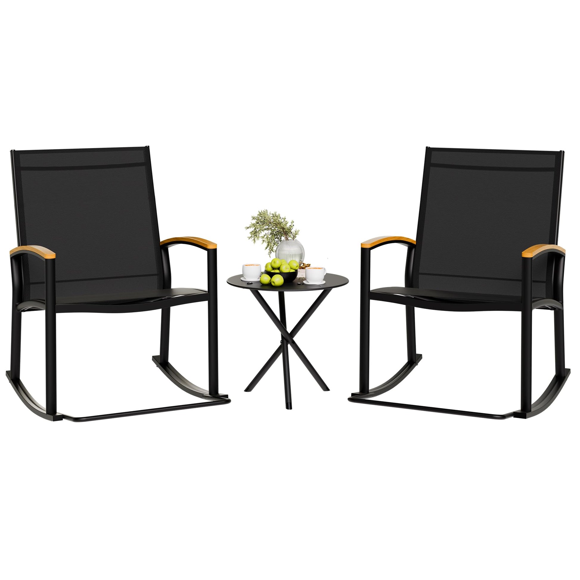 Shintenchi 3 Piece Outdoor Rocking Bistro Set, Textilene Fabric Small Patio Furniture Set, Front Porch Rocker Chairs Conversation Set with Table for Lawn, Garden, Balcony, Poolside (Black) - CookCave
