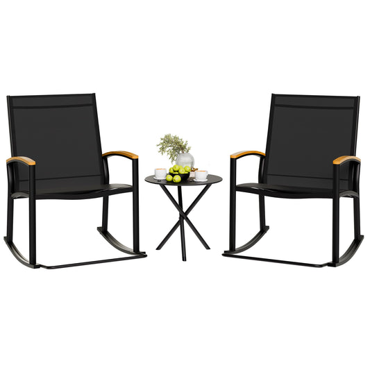 Shintenchi 3 Piece Outdoor Rocking Bistro Set, Textilene Fabric Small Patio Furniture Set, Front Porch Rocker Chairs Conversation Set with Table for Lawn, Garden, Balcony, Poolside (Black) - CookCave