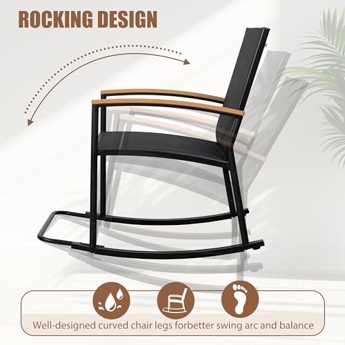 Shintenchi 3 Piece Outdoor Rocking Bistro Set, Textilene Fabric Small Patio Furniture Set, Front Porch Rocker Chairs Conversation Set with Table for Lawn, Garden, Balcony, Poolside (Black) - CookCave