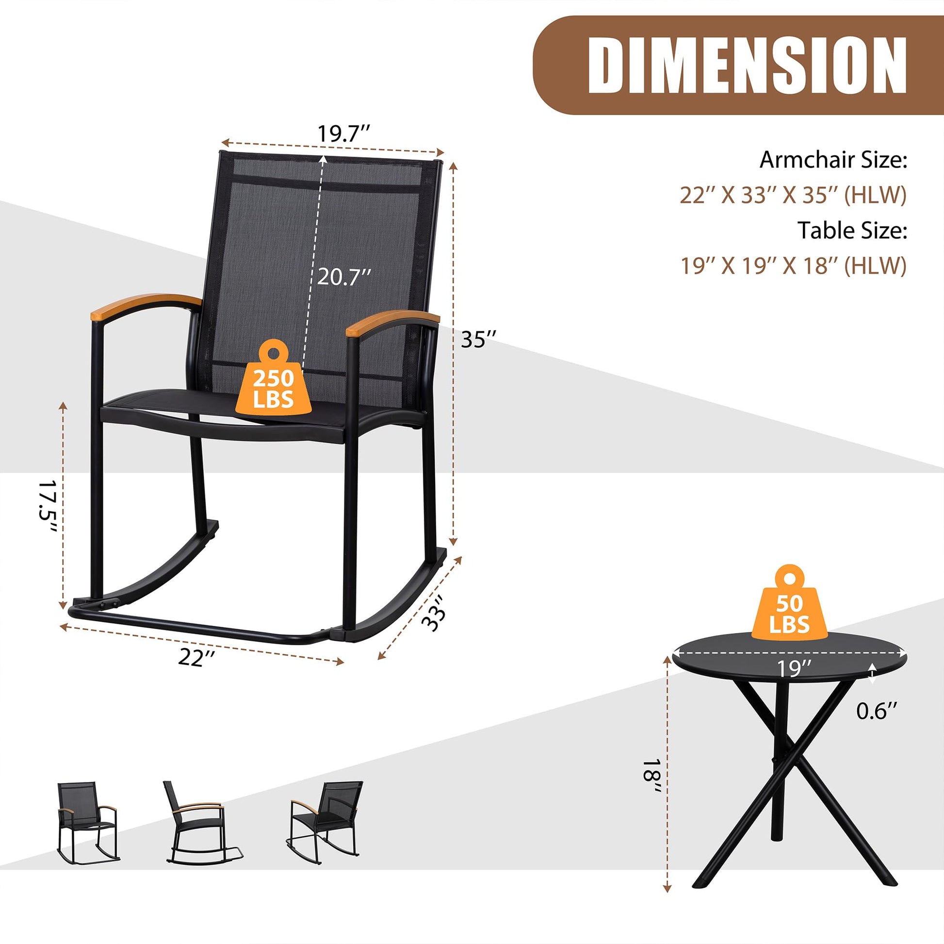 Shintenchi 3 Piece Outdoor Rocking Bistro Set, Textilene Fabric Small Patio Furniture Set, Front Porch Rocker Chairs Conversation Set with Table for Lawn, Garden, Balcony, Poolside (Black) - CookCave