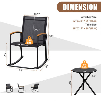 Shintenchi 3 Piece Outdoor Rocking Bistro Set, Textilene Fabric Small Patio Furniture Set, Front Porch Rocker Chairs Conversation Set with Table for Lawn, Garden, Balcony, Poolside (Black) - CookCave