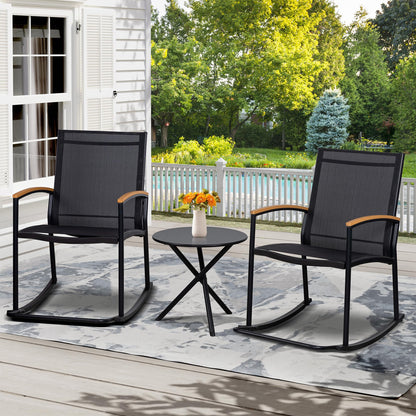 Shintenchi 3 Piece Outdoor Rocking Bistro Set, Textilene Fabric Small Patio Furniture Set, Front Porch Rocker Chairs Conversation Set with Table for Lawn, Garden, Balcony, Poolside (Black) - CookCave