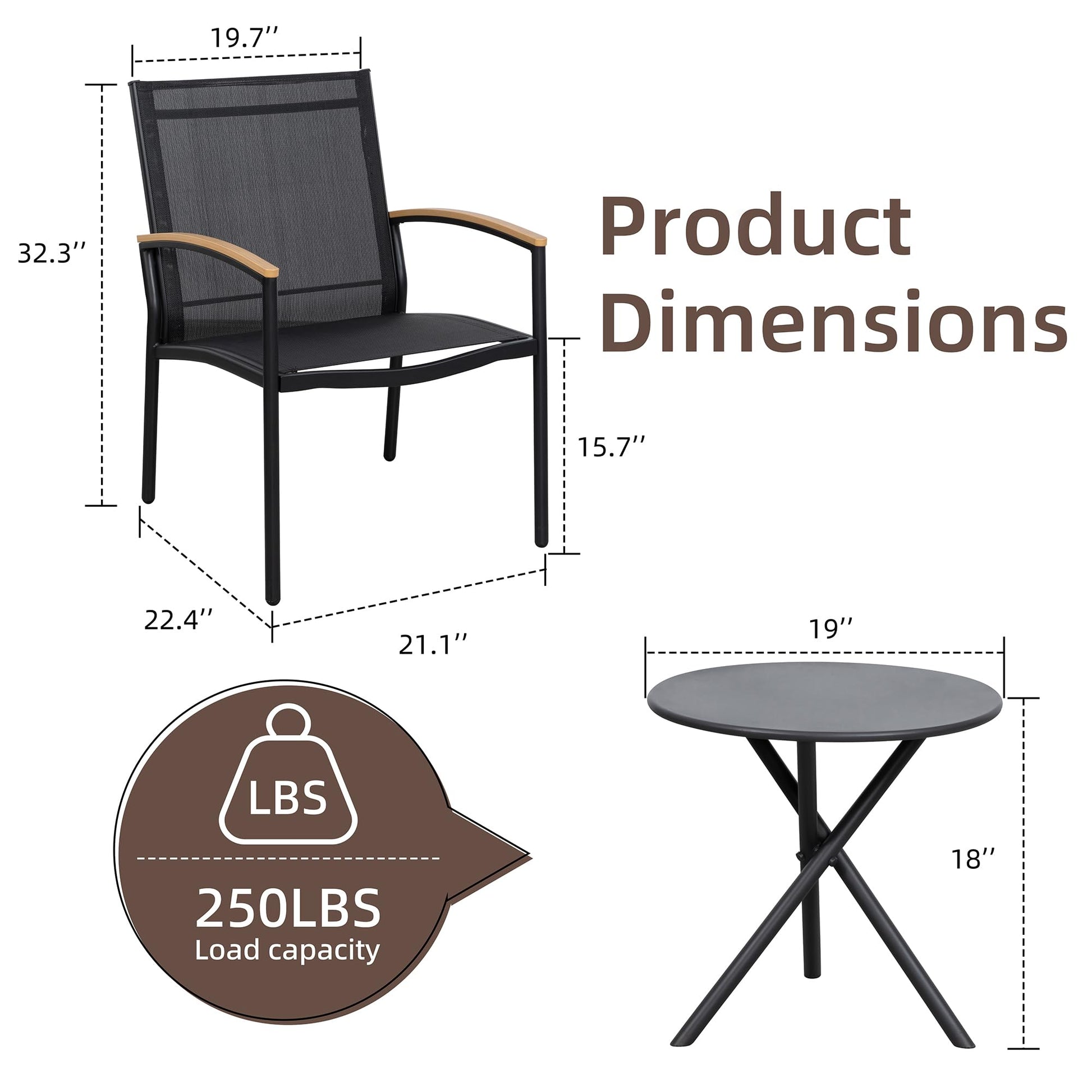 Shintenchi 3 Pieces Patio Bistro Sets, Outdoor Textilene Fabric Conversation Bistro Set, Textilene Fabric Front Porch Chairs Small Patio Furniture Set with Table for Lawn,Garden,Balcony (Black) - CookCave