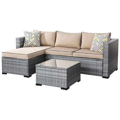 Shintenchi 3 Pieces Patio Furniture Set,All-Weather Rattan Patio Conversation Set,Outdoor Sectional Silver Wicker Patio Couch with Washable Cushions and Glass Coffee Table(Khaki) - CookCave