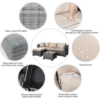 Shintenchi 3 Pieces Patio Furniture Set,All-Weather Rattan Patio Conversation Set,Outdoor Sectional Silver Wicker Patio Couch with Washable Cushions and Glass Coffee Table(Khaki) - CookCave
