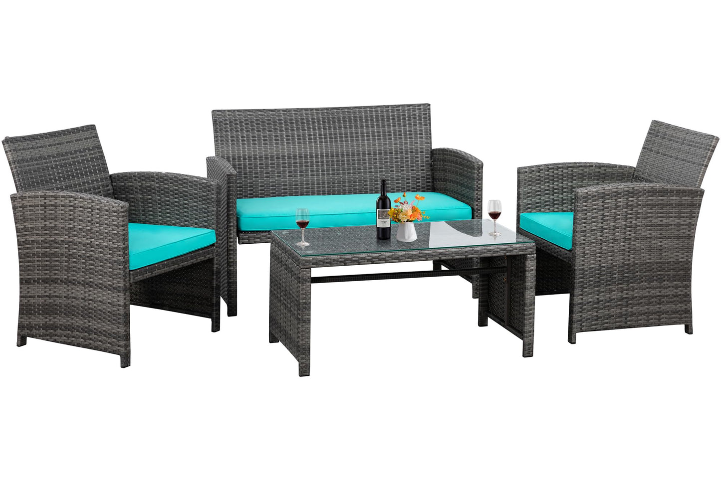 Shintenchi 4 Piece Patio Ratten Set Outdoor Furniture Set Wicker Conversation Set with Cushions and Tempered Glass Tabletop,Blue - CookCave
