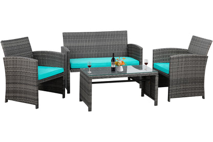 Shintenchi 4 Piece Patio Ratten Set Outdoor Furniture Set Wicker Conversation Set with Cushions and Tempered Glass Tabletop,Blue - CookCave