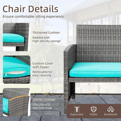 Shintenchi 4 Piece Patio Ratten Set Outdoor Furniture Set Wicker Conversation Set with Cushions and Tempered Glass Tabletop,Blue - CookCave