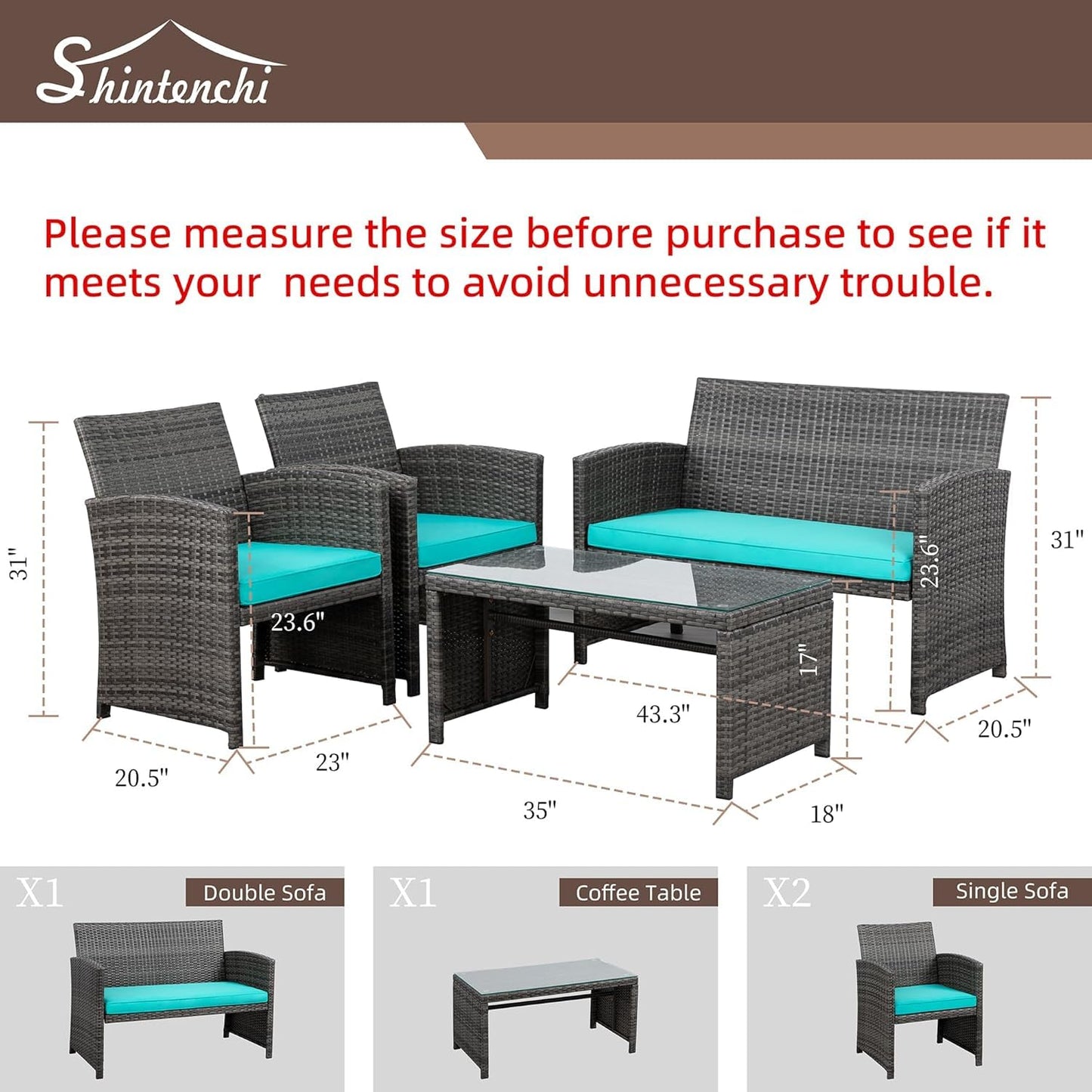 Shintenchi 4 Piece Patio Ratten Set Outdoor Furniture Set Wicker Conversation Set with Cushions and Tempered Glass Tabletop,Blue - CookCave