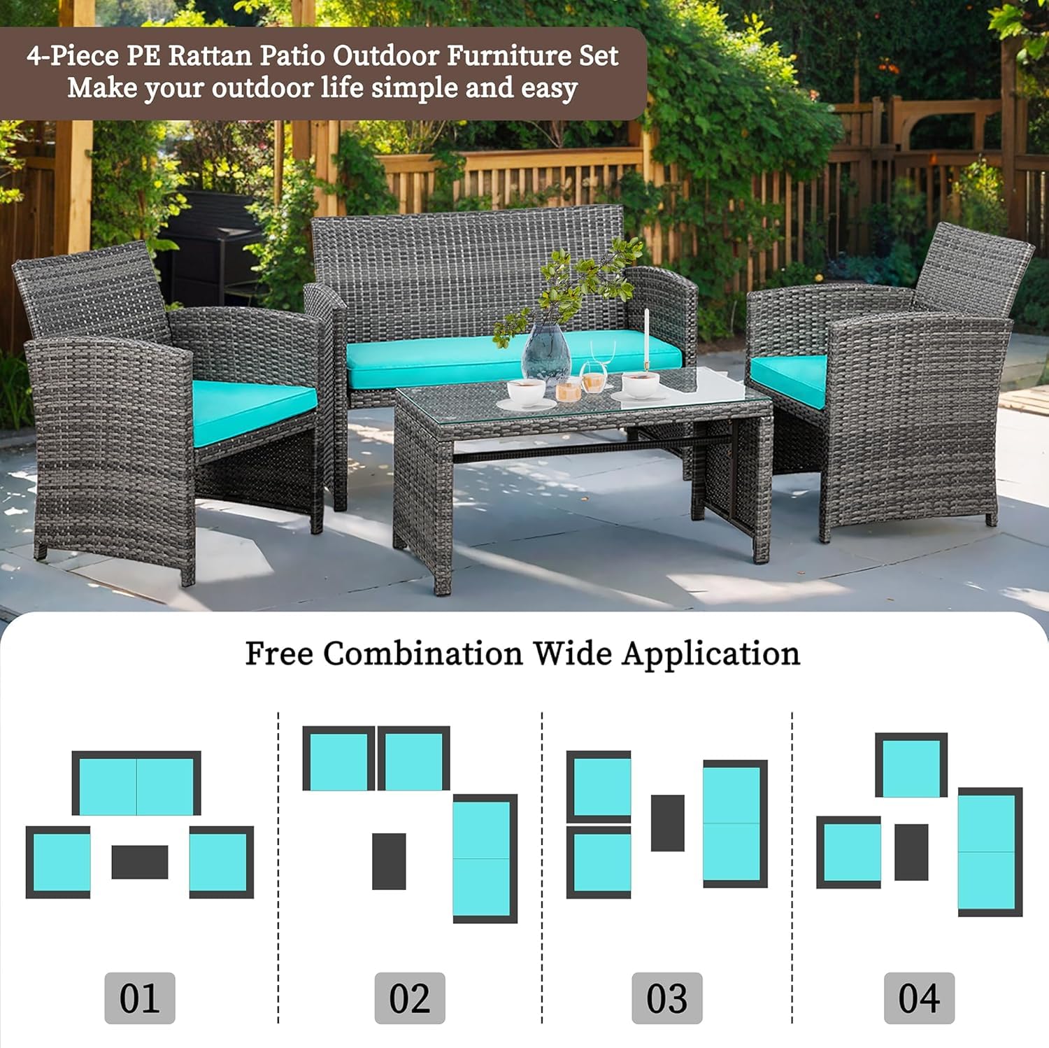 Shintenchi 4 Piece Patio Ratten Set Outdoor Furniture Set Wicker Conversation Set with Cushions and Tempered Glass Tabletop,Blue - CookCave