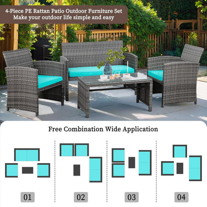 Shintenchi 4 Piece Patio Ratten Set Outdoor Furniture Set Wicker Conversation Set with Cushions and Tempered Glass Tabletop,Blue - CookCave