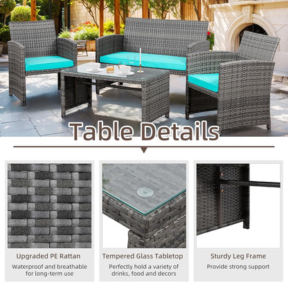 Shintenchi 4 Piece Patio Ratten Set Outdoor Furniture Set Wicker Conversation Set with Cushions and Tempered Glass Tabletop,Blue - CookCave