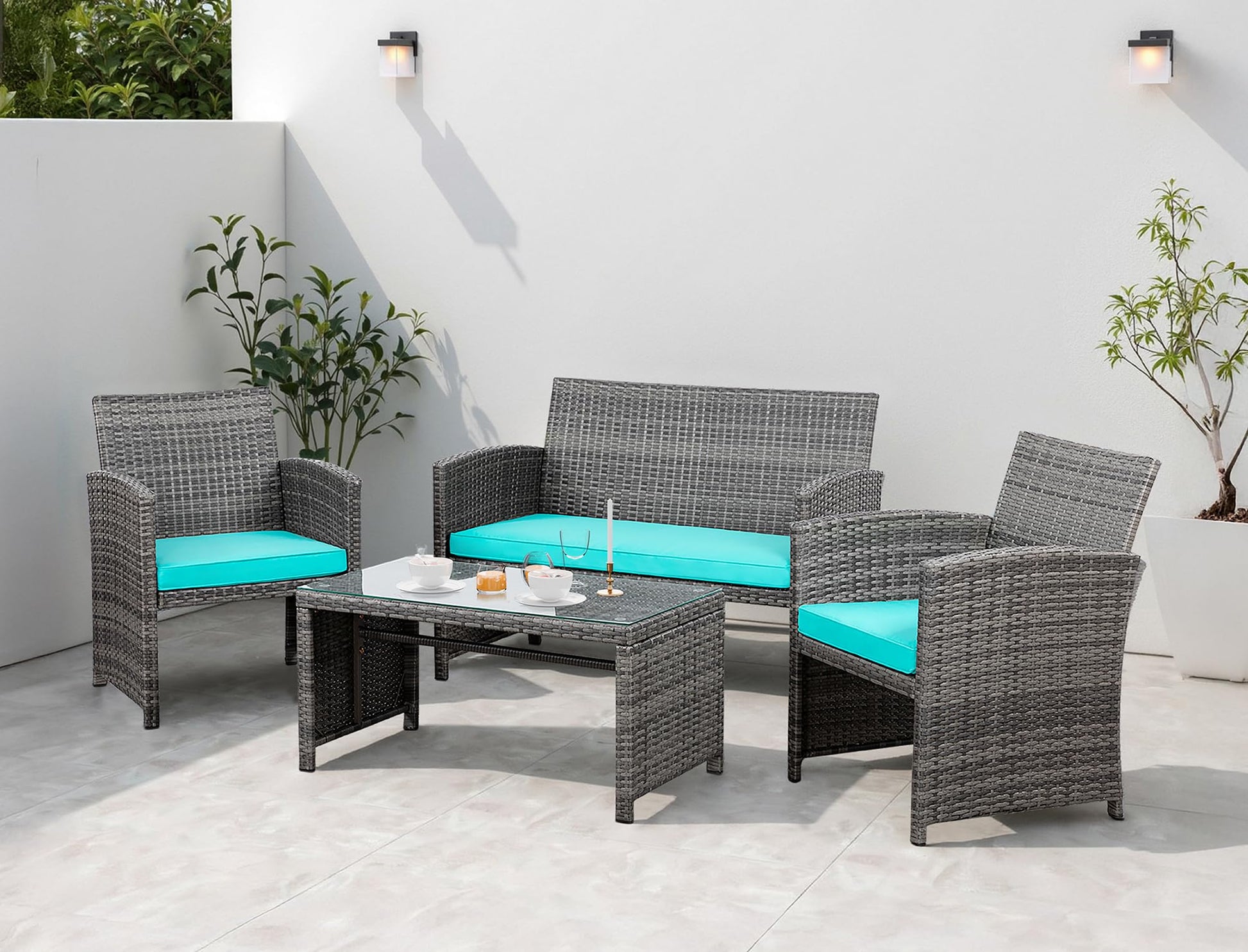 Shintenchi 4 Piece Patio Ratten Set Outdoor Furniture Set Wicker Conversation Set with Cushions and Tempered Glass Tabletop,Blue - CookCave