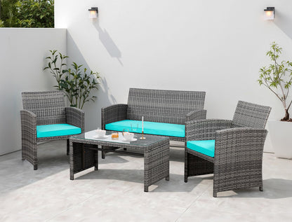 Shintenchi 4 Piece Patio Ratten Set Outdoor Furniture Set Wicker Conversation Set with Cushions and Tempered Glass Tabletop,Blue - CookCave