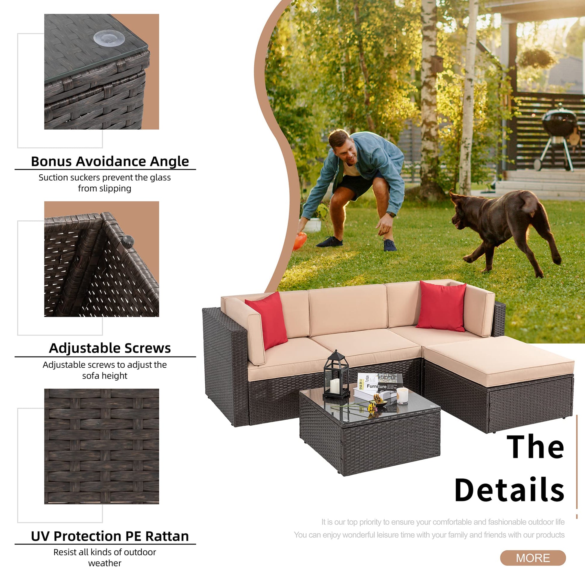 Shintenchi 5 Pieces Patio Furniture Sets Outdoor All-Weather Sectional Patio Sofa Set PE Rattan Manual Weaving Wicker Patio Conversation Set with Glass Table&Ottoman Cushion and Red Pillows - CookCave