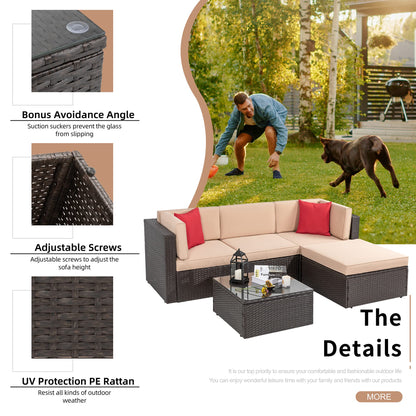 Shintenchi 5 Pieces Patio Furniture Sets Outdoor All-Weather Sectional Patio Sofa Set PE Rattan Manual Weaving Wicker Patio Conversation Set with Glass Table&Ottoman Cushion and Red Pillows - CookCave