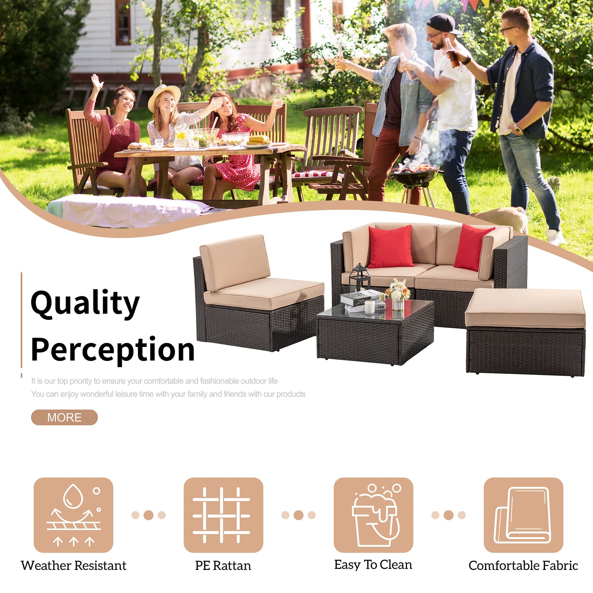 Shintenchi 5 Pieces Patio Furniture Sets Outdoor All-Weather Sectional Patio Sofa Set PE Rattan Manual Weaving Wicker Patio Conversation Set with Glass Table&Ottoman Cushion and Red Pillows - CookCave