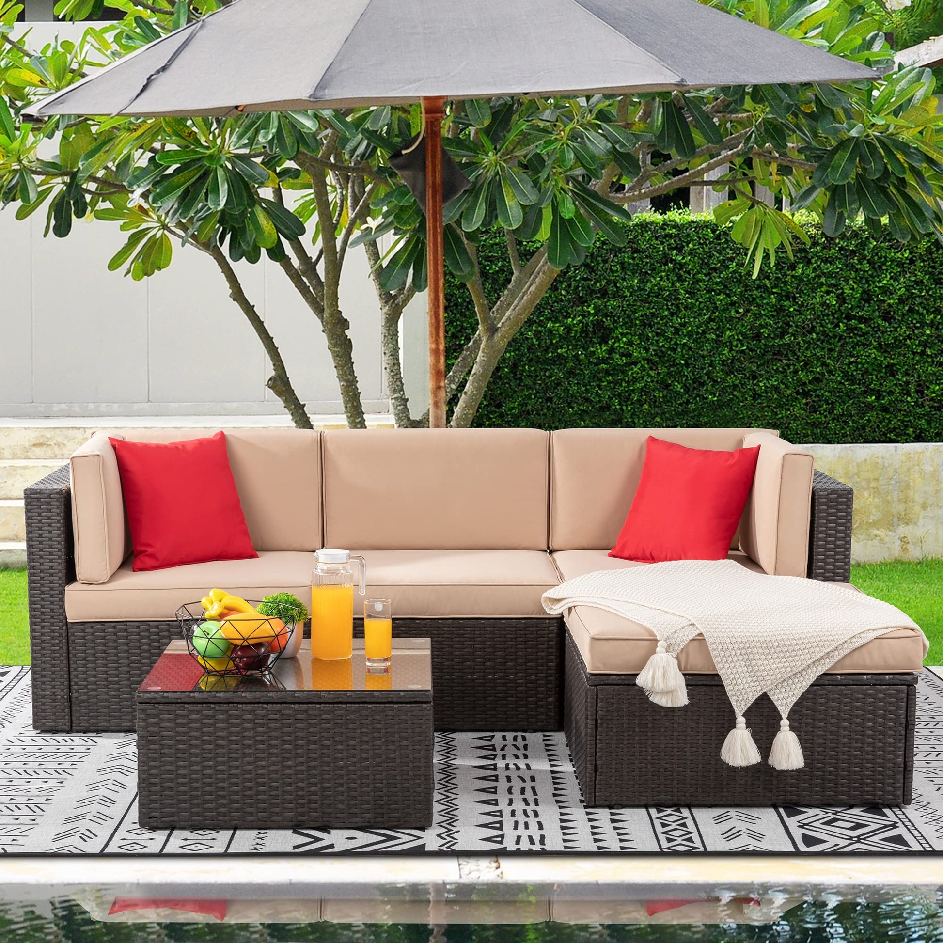 Shintenchi 5 Pieces Patio Furniture Sets Outdoor All-Weather Sectional Patio Sofa Set PE Rattan Manual Weaving Wicker Patio Conversation Set with Glass Table&Ottoman Cushion and Red Pillows - CookCave
